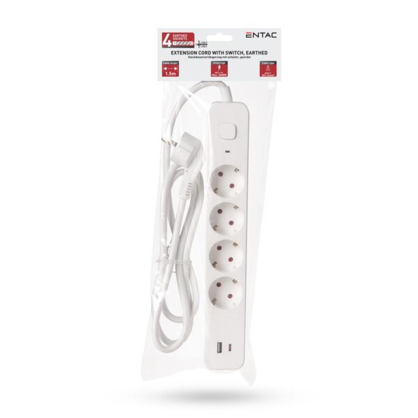 Entac D2 Elosztó 4 Foglalat Kapcsolóval 1.5m 1xUSB-A + 1xUSB-C 3G1.5 | BR (SKU:ESES1.5G4-1.5-SW-1UA1UC) Kapcsolós