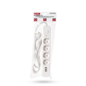 Entac D2 Elosztó 4 Foglalat Kapcsolóval 1.5m 3xUSB A 3G1.5 | BR (SKU:ESES1.5G4-1.5-SW-3USB) Kapcsolós