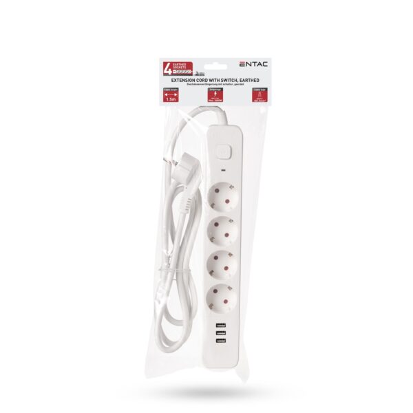 Entac D2 Elosztó 4 Foglalat Kapcsolóval 1.5m 3xUSB A 3G1.5 | BR (SKU:ESES1.5G4-1.5-SW-3USB) Kapcsolós