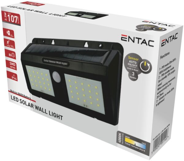 Entac Napelemes Műanyag Lámpa 2.3W SMD 3 mód PIR | BR (SKU:ESL-2.3W-SMD-3MPIR) Szolár lámpák