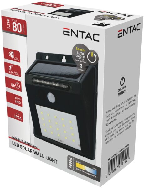 Entac Napelemes Műanyag Lámpa 1.2W SMD 3 mód PIR | BR (SKU:ESL-XS-SMD-3MPIR) Szolár lámpák
