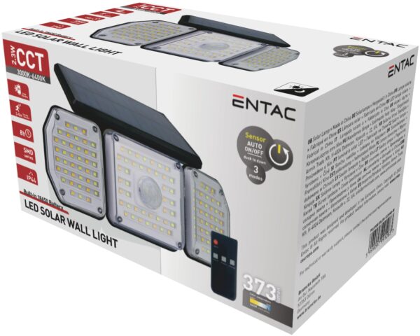 Entac Napelemes Műanyag Fali lámpa 2.3W SMD 3 fej mozgásérzékelővel + IR | BR (SKU:ESL3H-122SMD-IR) Szolár lámpák