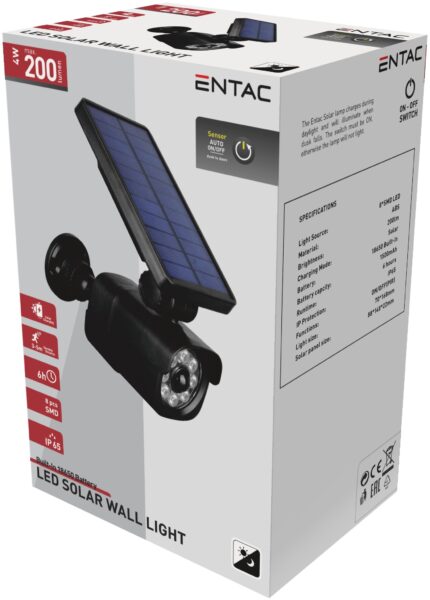 Entac Napelemes Műanyag Fali lámpa 4W SMD álkamera mozgásérzékelővel | BR (SKU:ESLCAM-SMD) Szolár lámpák