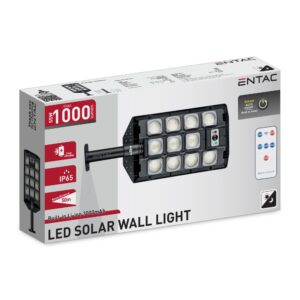Entac LED Szolár Utcai Lámpa Távirányítóval, Mozgásérzékelővvel Autamata Dimm funkcióval, 1000lm | BR (SKU:ESSL-RC-PIRDIM-1000LM) Utcai lámpa