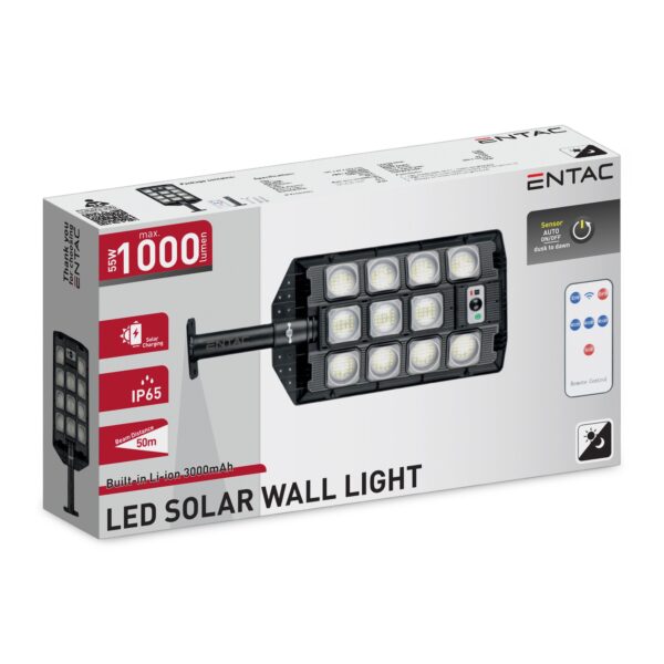 Entac LED Szolár Utcai Lámpa Távirányítóval, Mozgásérzékelővvel Autamata Dimm funkcióval, 1000lm | BR (SKU:ESSL-RC-PIRDIM-1000LM) Utcai lámpa