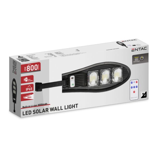 Entac LED Szolár Utcai Lámpa Távirányítóval, Mozgásérzékelővvel Autamata Dimm funkcióval, 800lm | BR (SKU:ESSL-RC-PIRDIM-800LM) Utcai lámpa
