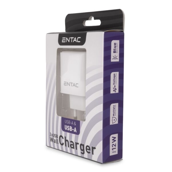 Entac Hálózati töltő, 2xUSB, 12W, fehér | BR (SKU:EWC-AA-5V1A-5V2.4A-W) Töltők, adapterek