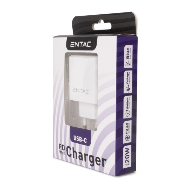 Entac Hálózati gyorstöltő PD, USB-C, 20W, fehér | BR (SKU:EWC-PDC-5V-12V-W) Töltők, adapterek