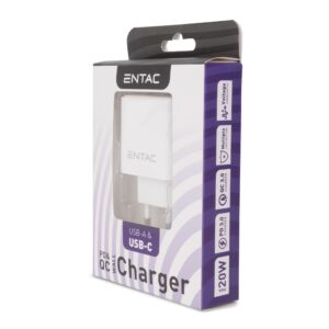 Entac Hálózati gyorstöltő PD & QC, USB + USB-C, 20W, fehér | BR (SKU:EWC-PDCQCA-5V-12V-W) Töltők, adapterek