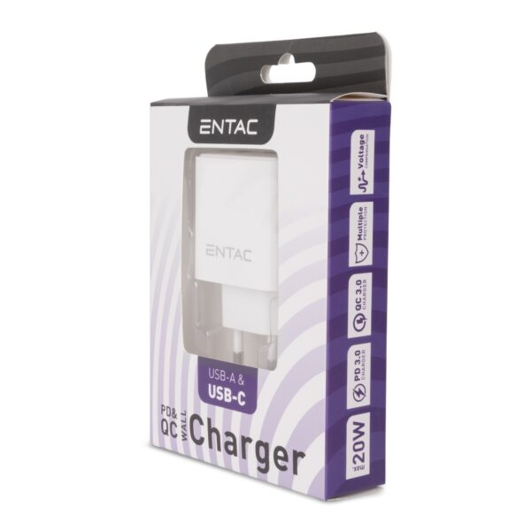 Entac Hálózati gyorstöltő PD & QC, USB + USB-C, 20W, fehér | BR (SKU:EWC-PDCQCA-5V-12V-W) Töltők, adapterek