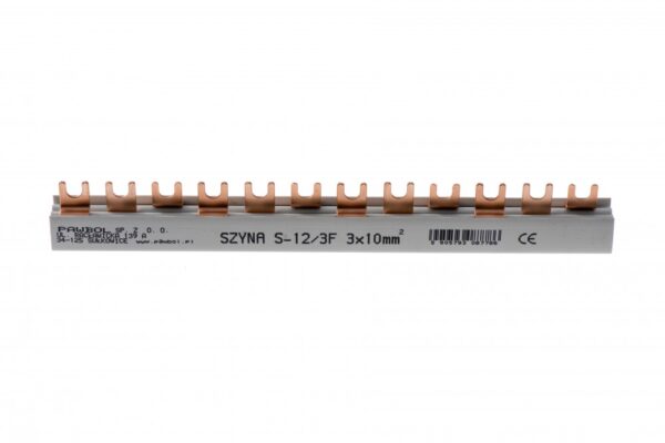 Villás fázissín, 63A, 3 fázisú, 12 modul, 10mm2, 215mm Sínek és földelés Villás fázissín, 63A, 3 fázisú, 12 modul, 10mm2, 215mm Sínek és földelés