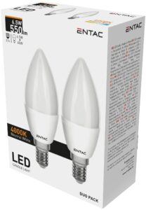 Entac LED Candle E14 6,5W NW 4000K Duo Pack | BR (SKU:LLC14-6.5W-NW-2P) Gyertya
