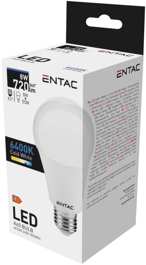Entac LED Globe E27 8W CW 6400K | BR (SKU:LLG27-8W-CW) Gömb