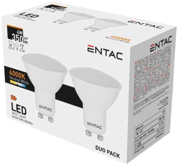 Entac LED Spot Wide Angle GU10 4W NW 4000K Duo Pack | BR (SKU:LLSW-4W-NW-2P) LED izzók