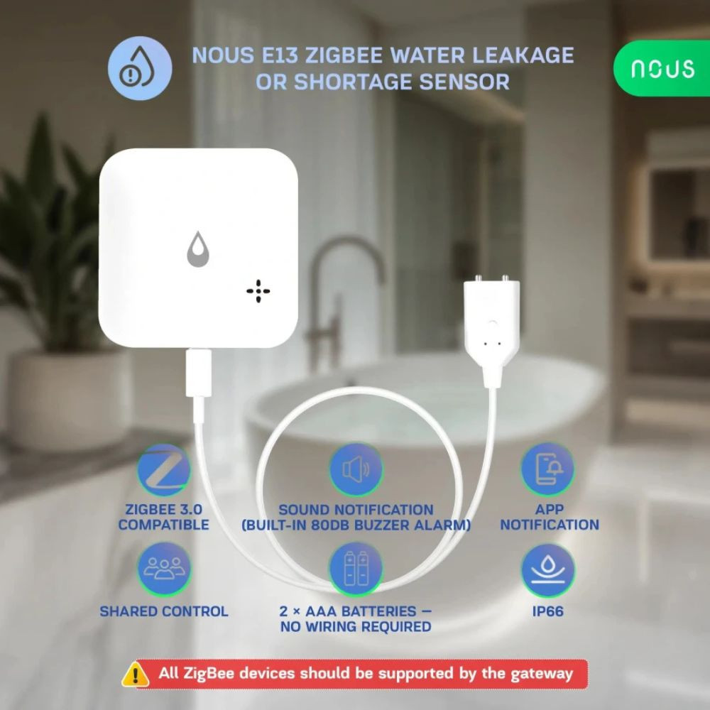 NOUS E13 ZigBee Water leakage or shortage sensor – Vízszivárgás vagy vízhiány-érzékelő, Zigbee, fehér érzékelő NOUS E13 ZigBee Water leakage or shortage sensor – Vízszivárgás vagy vízhiány-érzékelő, Zigbee, fehér érzékelő