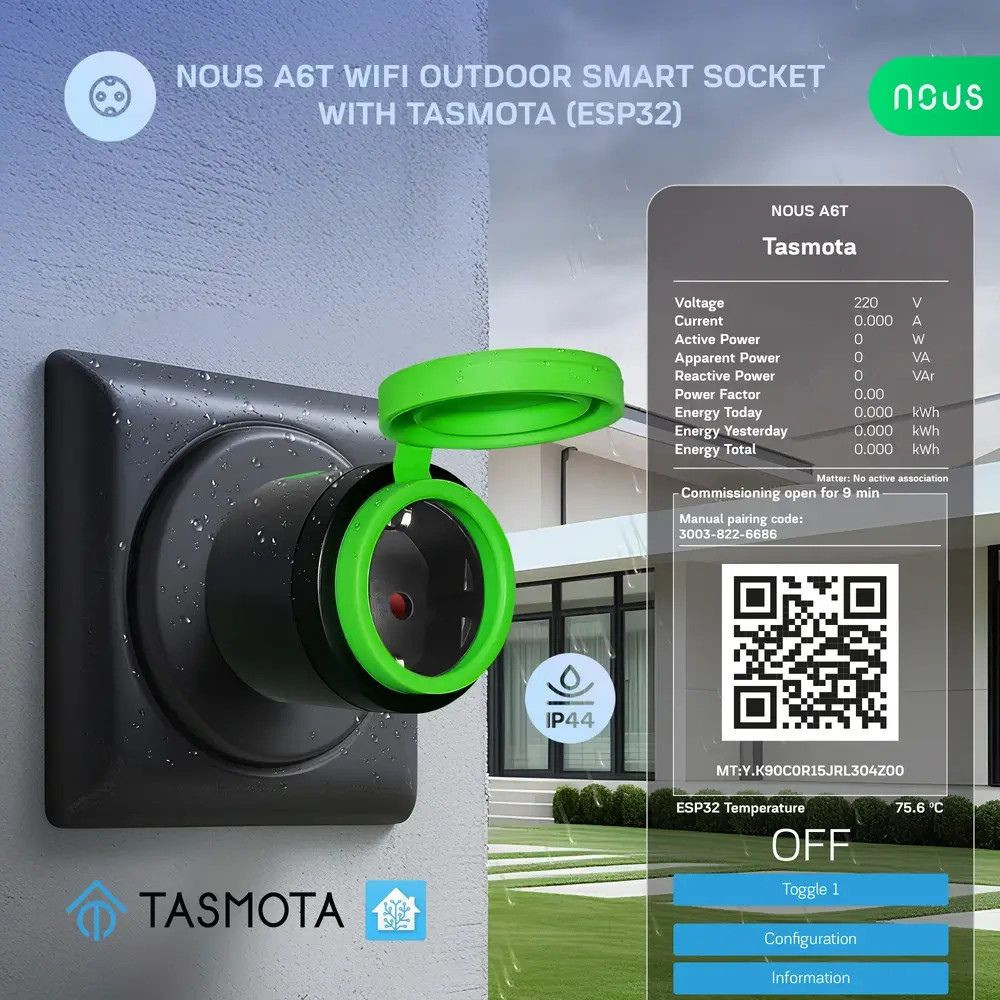 Nous A6T kültéri okoskonnektor, Tasmota firmware-el konnektor / elosztó|fogyasztásmérő NOUS A6T Nous A6T kültéri okoskonnektor, Tasmota firmware-el konnektor / elosztó|fogyasztásmérő NOUS A6T