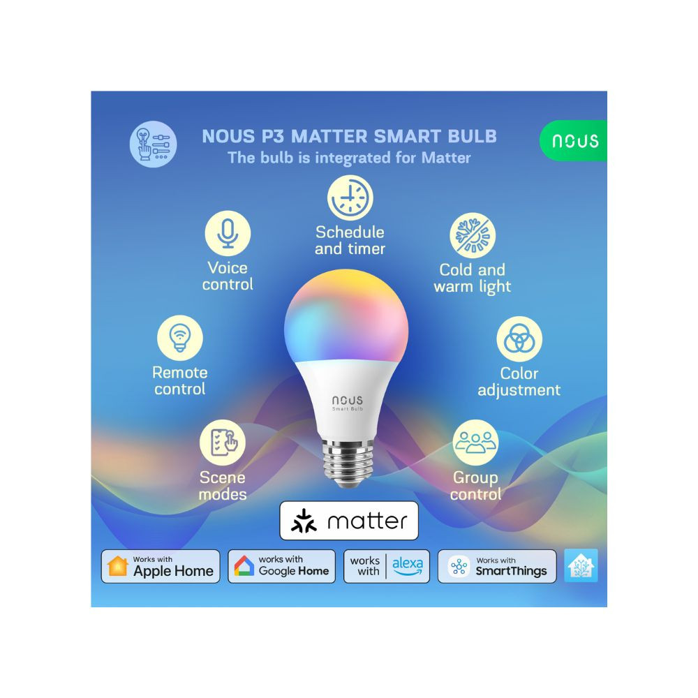 Nous P3 okos Tuya Wi-Fi RGB izzó (E27 foglalat), Matter kompatibilis (2 db) lámpa / izzó NOUS P3 Nous P3 okos Tuya Wi-Fi RGB izzó (E27 foglalat), Matter kompatibilis (2 db) lámpa / izzó NOUS P3