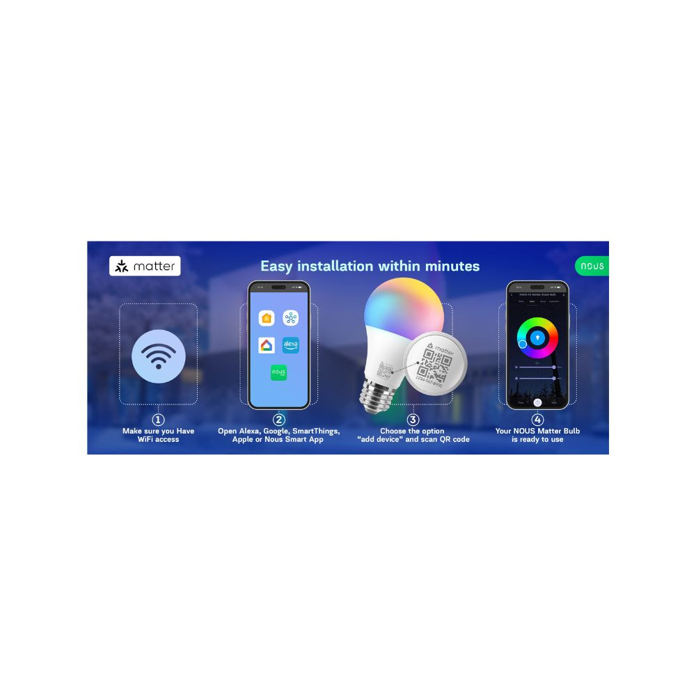 Nous P3 okos Tuya Wi-Fi RGB izzó (E27 foglalat), Matter kompatibilis lámpa / izzó NOUS P3 Nous P3 okos Tuya Wi-Fi RGB izzó (E27 foglalat), Matter kompatibilis lámpa / izzó NOUS P3
