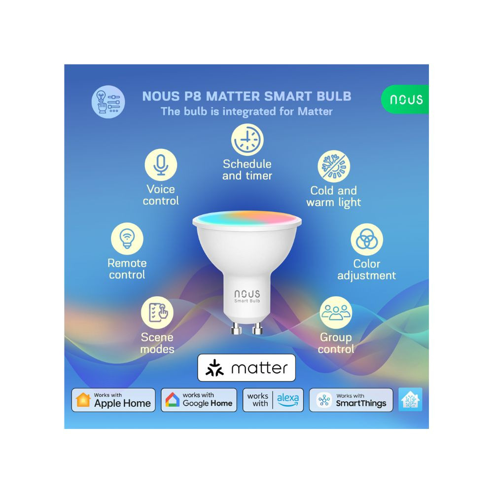 Nous P8 okos Tuya Wi-Fi RGB izzó (GU10 foglalat), Matter kompatibilis (2 db) lámpa / izzó NOUS P8 Nous P8 okos Tuya Wi-Fi RGB izzó (GU10 foglalat), Matter kompatibilis (2 db) lámpa / izzó NOUS P8