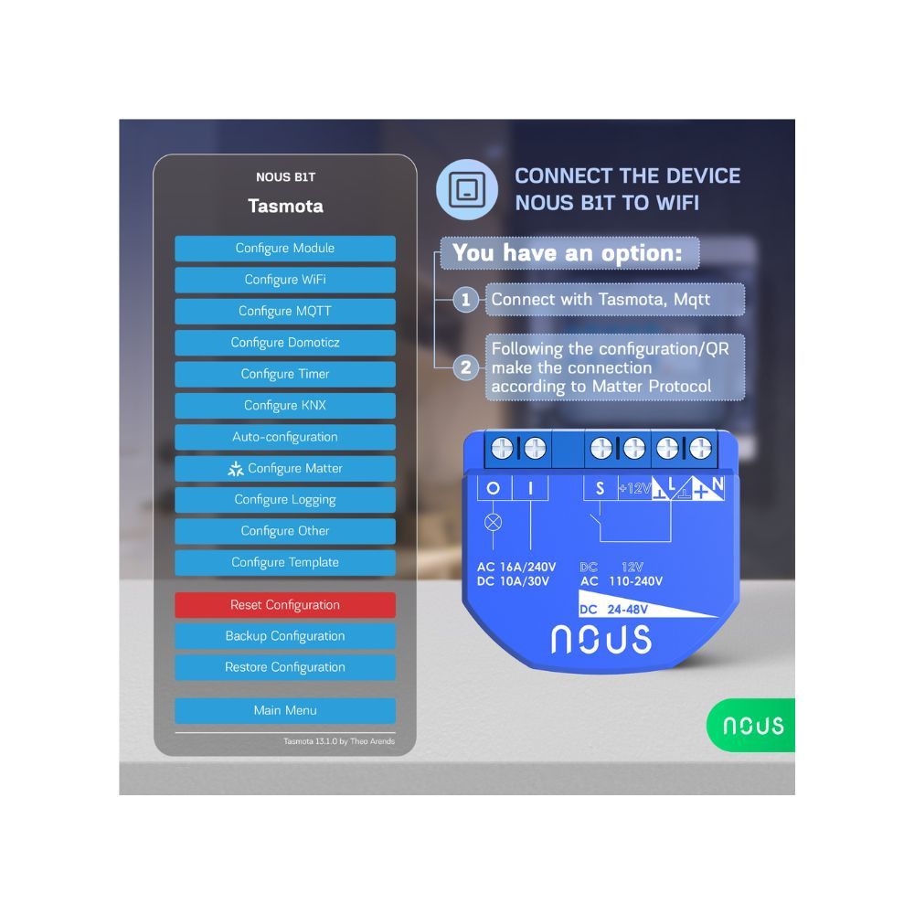 Nous B1T okos Wi-Fi-s 1 áramkörös mini kapcsolórelé modul (Tasmota firmware, Matter kompatibilis) kapcsolórelé NOUS B1T Nous B1T okos Wi-Fi-s 1 áramkörös mini kapcsolórelé modul (Tasmota firmware, Matter kompatibilis) kapcsolórelé NOUS B1T
