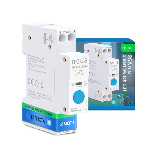 Nous D3T DIN-sín kompatibilis Wi-Fi-s relémodul, Tasmota firmware, Matter kompatibilis, 25A kapcsolórelé|fogyasztásmérő NOUS D3T Nous D3T DIN-sín kompatibilis Wi-Fi-s relémodul, Tasmota firmware, Matter kompatibilis, 25A kapcsolórelé|fogyasztásmérő NOUS D3T