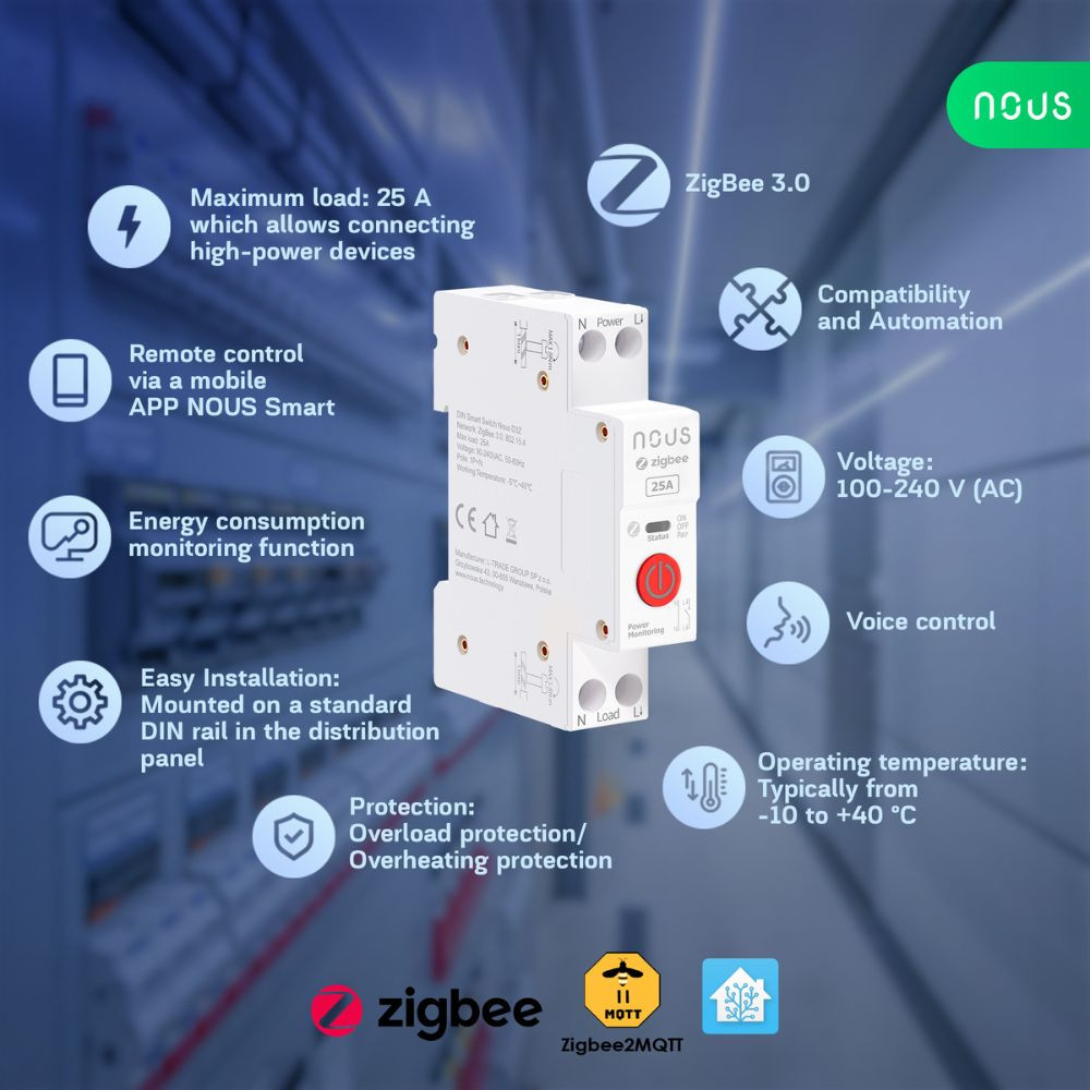 Nous D3Z DIN-sín kompatibilis Tuya Zigbee relémodul, 25A kapcsolórelé|fogyasztásmérő NOUS D3Z Nous D3Z DIN-sín kompatibilis Tuya Zigbee relémodul, 25A kapcsolórelé|fogyasztásmérő NOUS D3Z