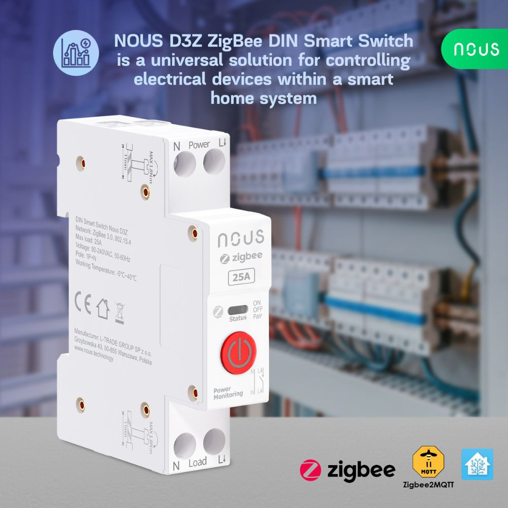 Nous D3Z DIN-sín kompatibilis Tuya Zigbee relémodul, 25A kapcsolórelé|fogyasztásmérő NOUS D3Z Nous D3Z DIN-sín kompatibilis Tuya Zigbee relémodul, 25A kapcsolórelé|fogyasztásmérő NOUS D3Z