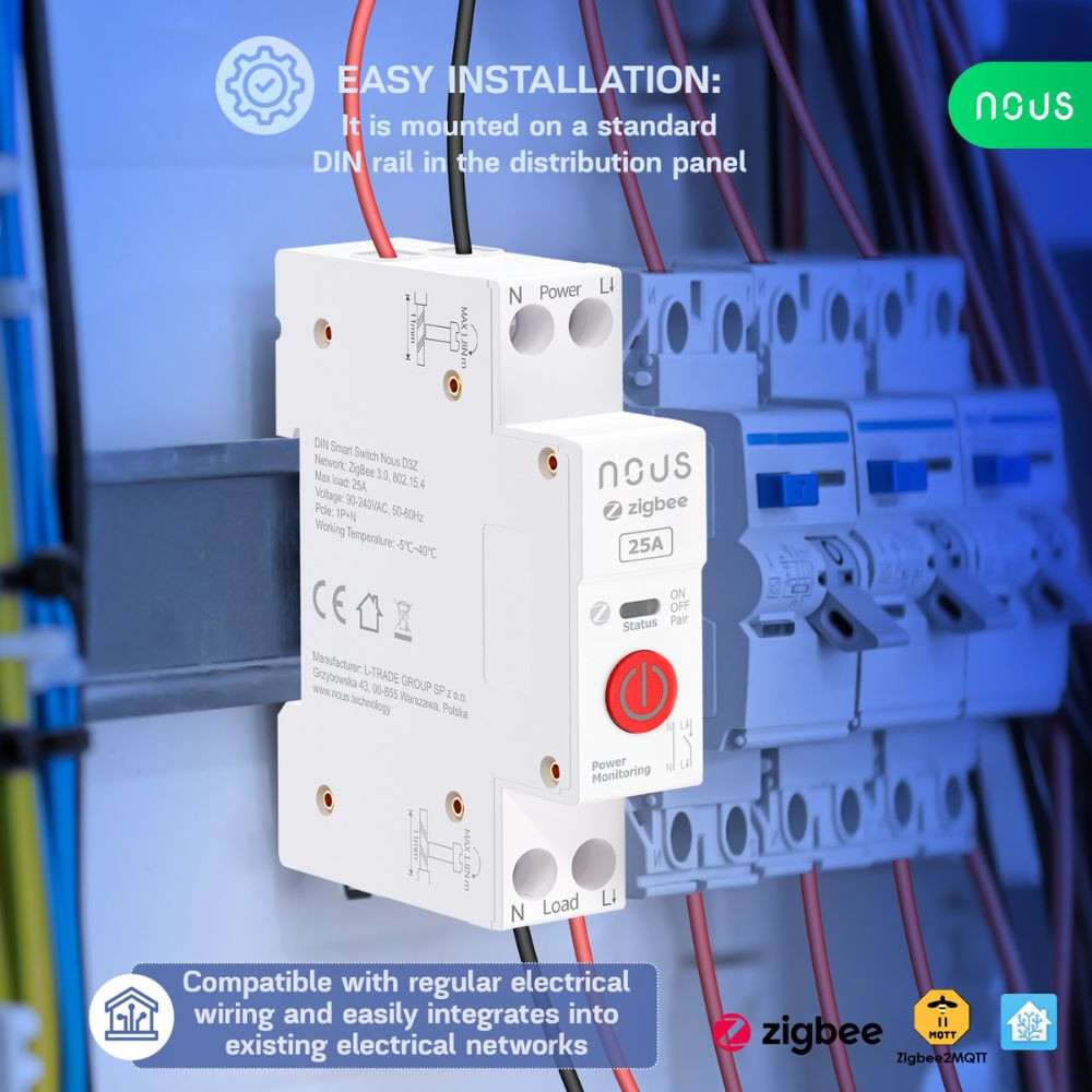 Nous D3Z DIN-sín kompatibilis Tuya Zigbee relémodul, 25A kapcsolórelé|fogyasztásmérő NOUS D3Z Nous D3Z DIN-sín kompatibilis Tuya Zigbee relémodul, 25A kapcsolórelé|fogyasztásmérő NOUS D3Z