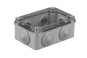 Kötődoboz, 6 gumi bevezetővel, átlátszó fedél, 120x80x50mm, IP65 Membrános S-BOX kötődobozok