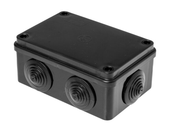 Kötődoboz, 6 gumi bevezetővel, fekete, 120x80x50mm, IP65, UV-álló Fekete S-BOX kötődobozok