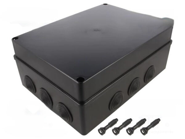 Kötődoboz, 12 gumi bevezetővel, fekete, 300x220x120mm, IP65, UV-álló Fekete S-BOX kötődobozok