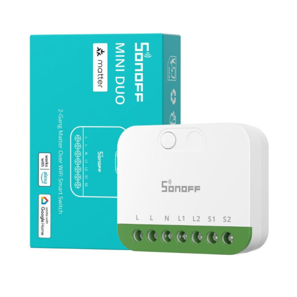 Sonoff MINI DUO 2-Gang Matter Over WiFi Smart Switch – két áramkörös mini relémodul, Wi-Fi, Matter (MINI-2GS) kapcsolórelé Sonoff MINI DUO 2-Gang Matter Over WiFi Smart Switch – két áramkörös mini relémodul, Wi-Fi, Matter (MINI-2GS) kapcsolórelé