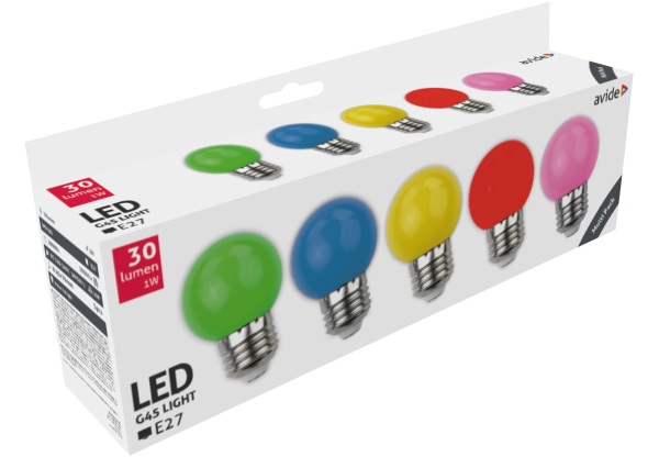 Avide Dekor LED fényforrás G45 1W E27 B5 (Zöld/Kék/Sárga/Piros/Rózsaszín) Dekor LED