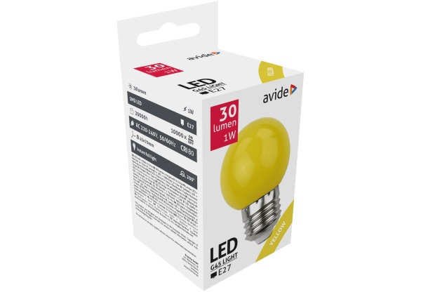 Avide Dekor LED fényforrás G45 1W E27 Sárga Dekor LED