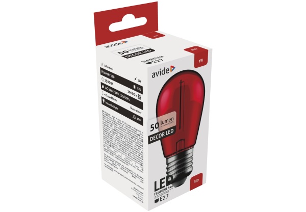 Avide Dekor LED Filament fényforrás 1W E27 Piros Dekor LED