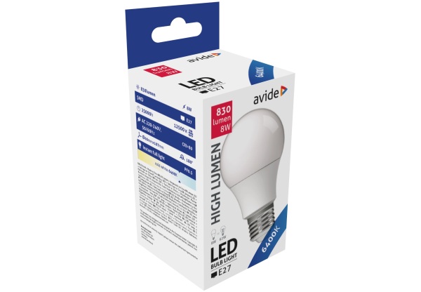 Avide LED Globe A60 8W E27 CW 6400K Gömb