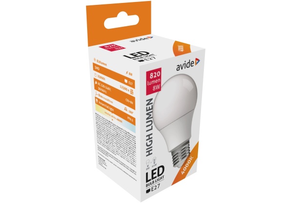 Avide LED Globe A60 8W E27 NW 4000K Gömb