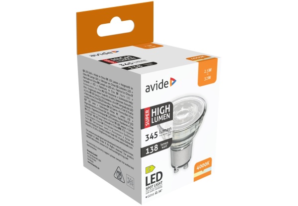 Avide LED Spot Alu+plastic 2.5W GU10 NW 4000K Super High Lumen Szpot