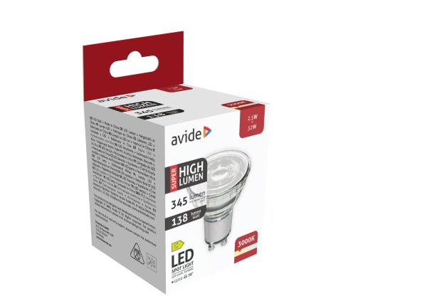 Avide LED Spot Alu+plastic 2.5W GU10 WW 3000K Super High Lumen Szpot