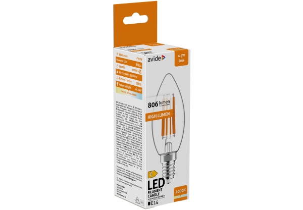 Avide LED Filament Candle 6.5W E14 NW 4000K High Lumen Gyertya