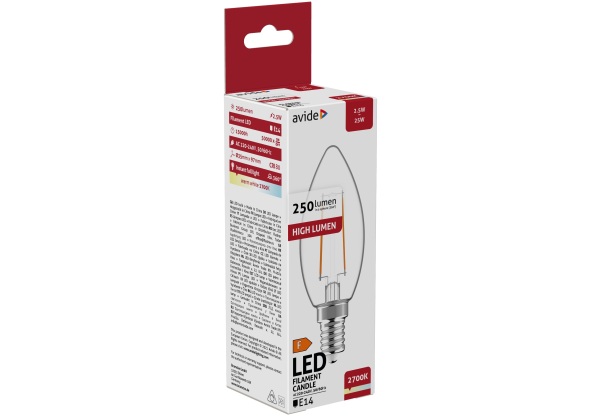 Avide LED Filament Candle 2.5W E14 WW 2700K Gyertya