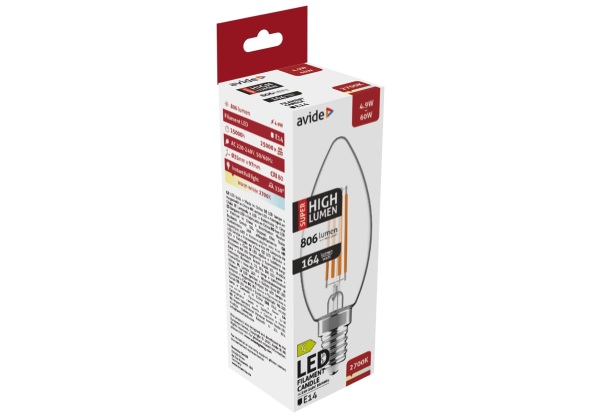 Avide LED Filament Candle 4.9W E14 WW 2700K Super High Lumen Gyertya