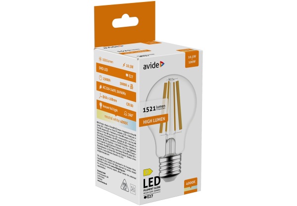 Avide LED Filament Globe 10.5W E27 A60 NW 4000K High Lumen Gömb