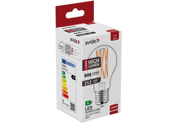 Avide LED Filament Globe 3.8W E27 WW 3000K Super High Lumen Gömb