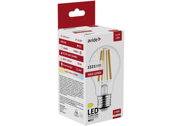 Avide LED Filament Globe 10.5W E27 A65 WW 2700K High Lumen Gömb