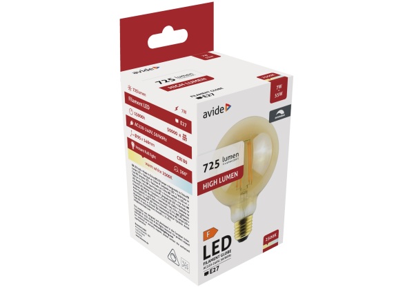 Avide LED Filament Globe G95 7W Fényerőszabályzós Borostyán E27 WW 2500K Speciális