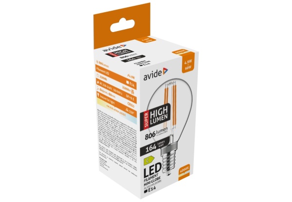 Avide LED Filament Mini Globe 4.9W E14 NW 4000K Super High Lumen Mini Gömb