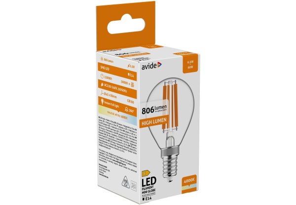 Avide LED Filament Mini Globe 6.5W E14 NW 4000K High Lumen Mini Gömb