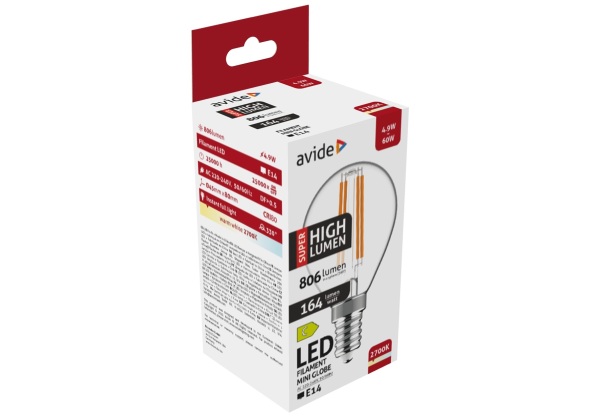 Avide LED Filament Mini Globe 4.9W E14 WW 2700K Super High Lumen Mini Gömb