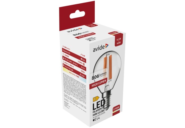 Avide LED Filament Mini Globe 6.5W E14 WW 2700K High Lumen Mini Gömb